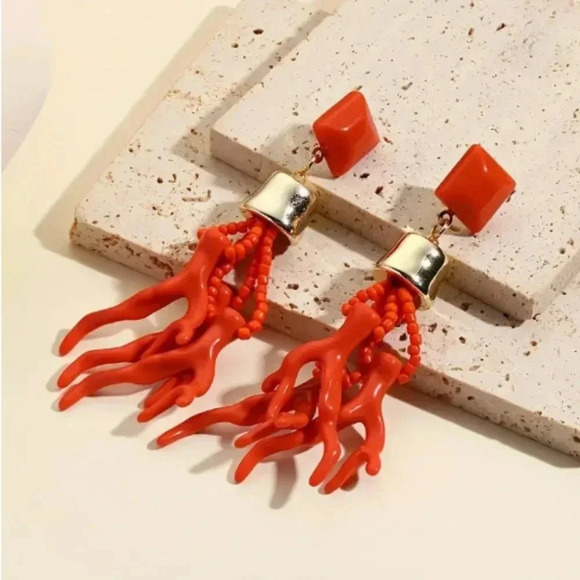 Red Coloured Resin Statement Earring - Coral Branches with with beading- NEW - Picture 1 of 2